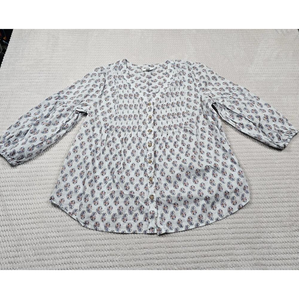 J Jill Shirt Womens Small Petite Paisley Print Roll Tab Sleeves Light Blue